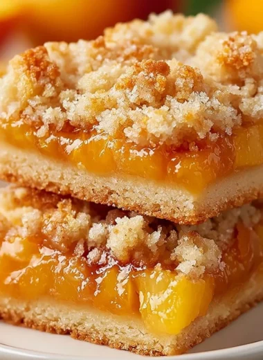 Delicious Peach Crumb Bars with a buttery crumble topping and fresh peach filling