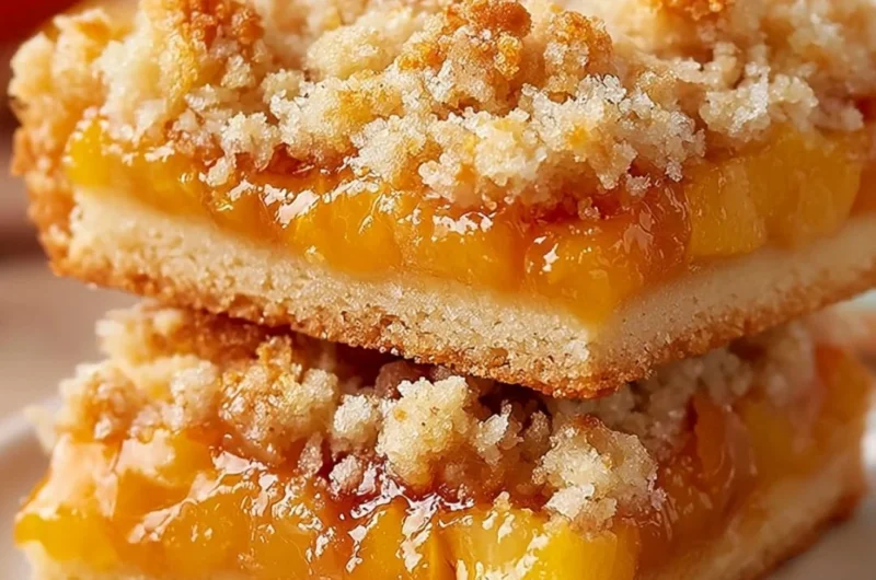 Delicious Peach Crumb Bars with a buttery crumble topping and fresh peach filling