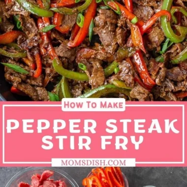 Pepper steak stir fry with colorful vegetables in a sizzling pan