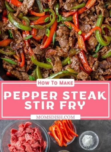 Pepper steak stir fry with colorful vegetables in a sizzling pan