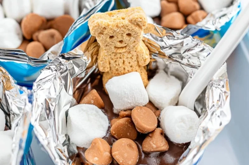 Portable s'mores made with graham crackers, chocolate, and marshmallows outdoors