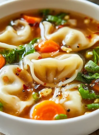 Bowl of steaming Potsticker Soup garnished with green onions and herbs.