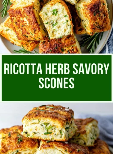 Savory ricotta scones topped with herbs and served on a platter.