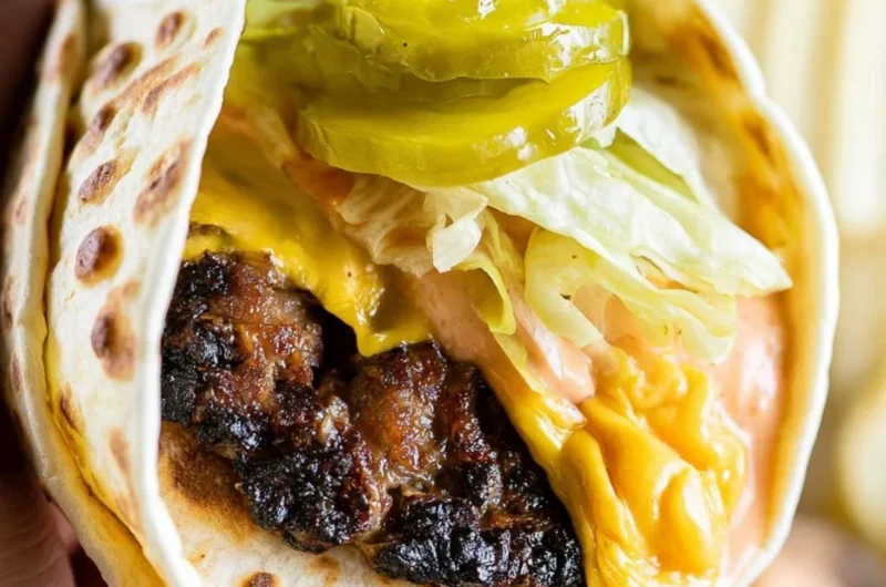 Smash Burger Taco with burger sauce on a wooden board