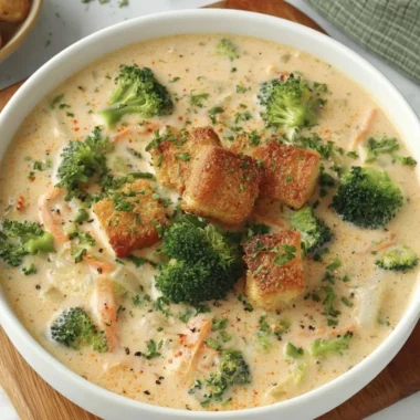 Delicious bowl of Smoked Gouda Broccoli Soup garnished with fresh herbs