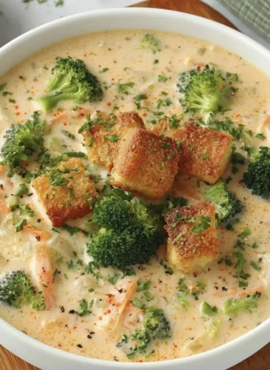 Delicious bowl of Smoked Gouda Broccoli Soup garnished with fresh herbs