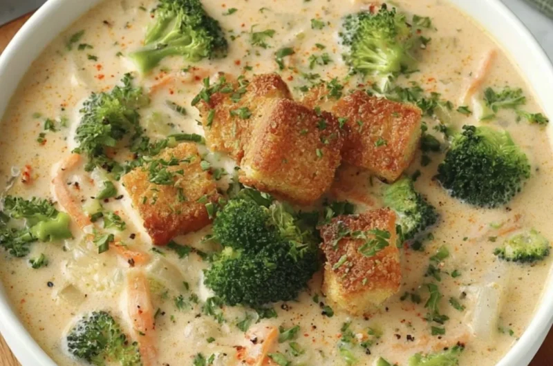 Delicious bowl of Smoked Gouda Broccoli Soup garnished with fresh herbs