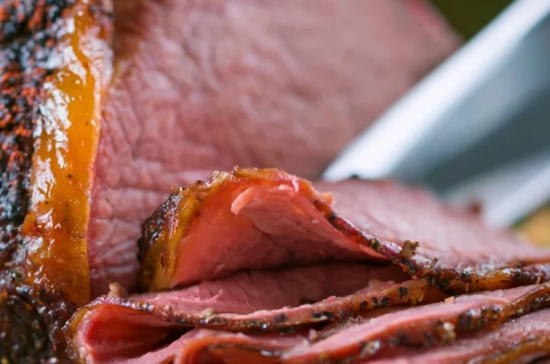 A succulent smoked roast beef on a wooden cutting board, garnished with herbs.