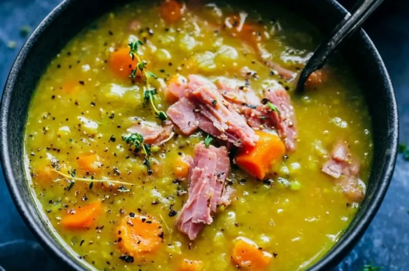 Bowl of homemade split pea soup garnished with herbs and bread