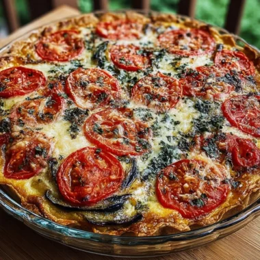 Summer Tomato and Eggplant Pie with fresh vegetables on a wooden table