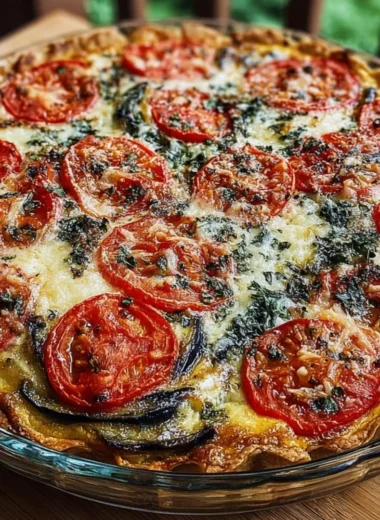Summer Tomato and Eggplant Pie with fresh vegetables on a wooden table