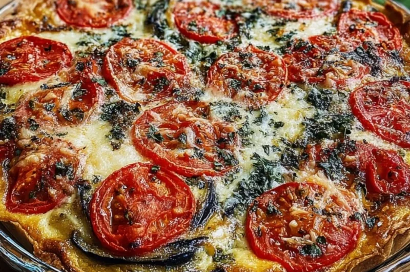 Summer Tomato and Eggplant Pie with fresh vegetables on a wooden table