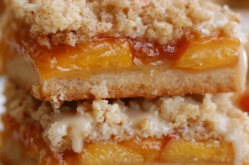 Delicious summery peach bars topped with a golden crust