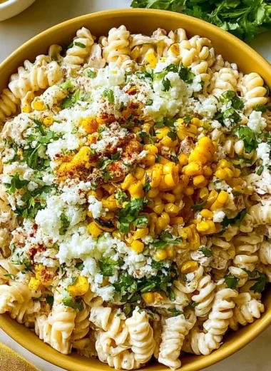 Delicious elote pasta salad with Greek yogurt in a bowl