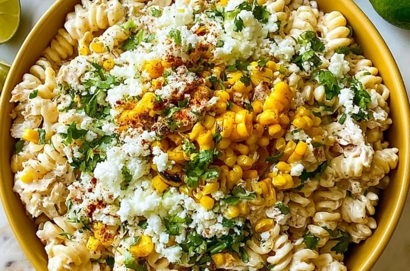 Delicious elote pasta salad with Greek yogurt in a bowl