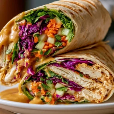 Thai Peanut Chicken Wraps filled with fresh vegetables and creamy sauce