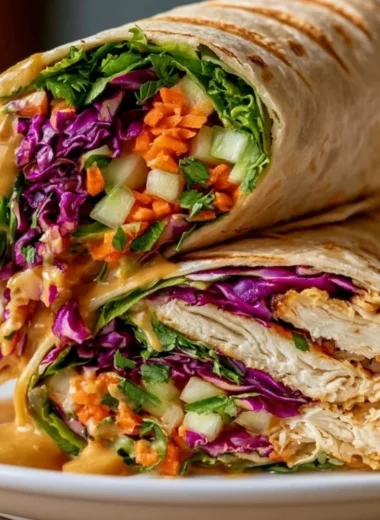 Thai Peanut Chicken Wraps filled with fresh vegetables and creamy sauce