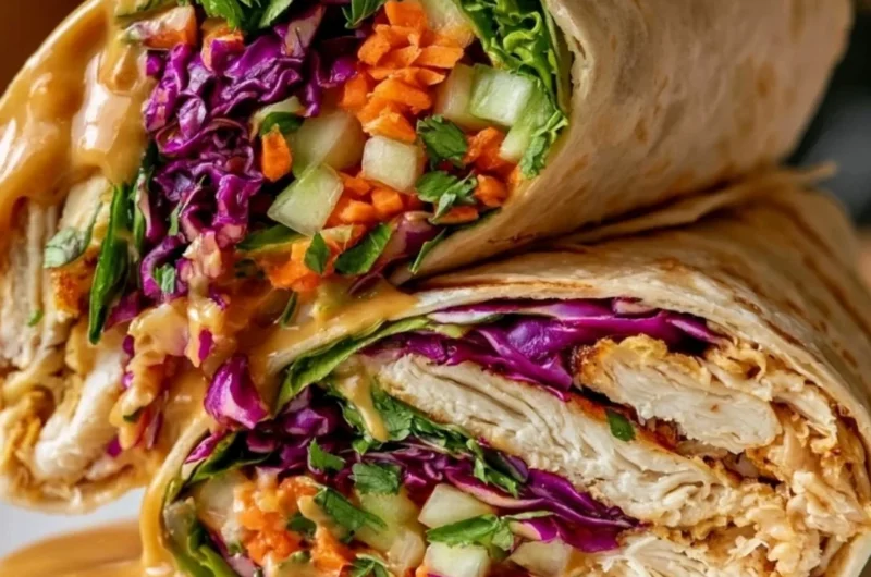 Thai Peanut Chicken Wraps filled with fresh vegetables and creamy sauce
