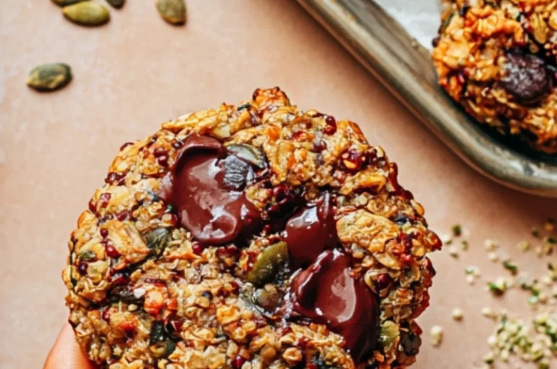 Vegan quinoa breakfast cookies on a plate, garnished with nuts and berries.