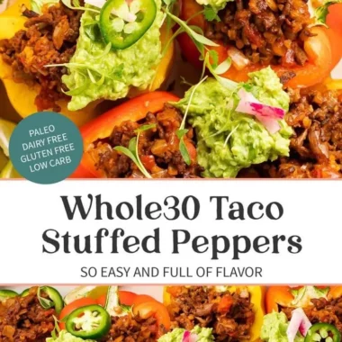 Whole30 taco stuffed peppers filled with seasoned meat and fresh veggies