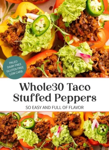 Whole30 taco stuffed peppers filled with seasoned meat and fresh veggies