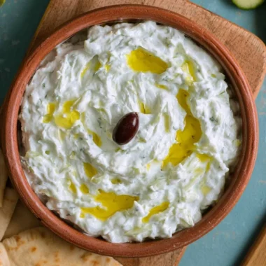 A delicious bowl of Greek tzatziki with fresh cucumbers and herbs