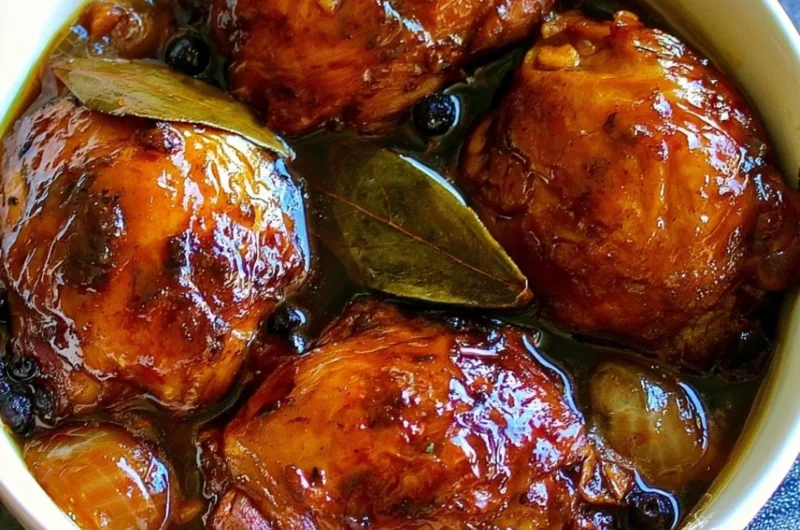 Delicious plate of authentic Filipino Chicken Adobo served with rice