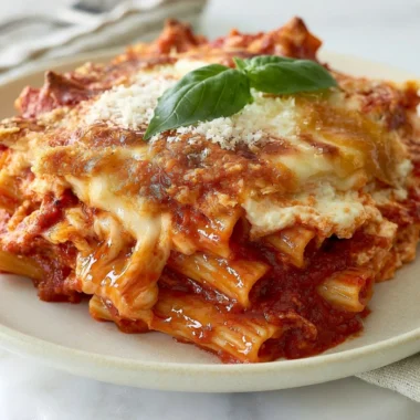 Baked ziti with ricotta cheese in a casserole dish, garnished with parsley.