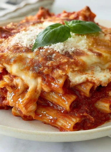 Baked ziti with ricotta cheese in a casserole dish, garnished with parsley.