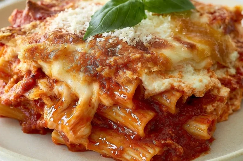 Baked ziti with ricotta cheese in a casserole dish, garnished with parsley.