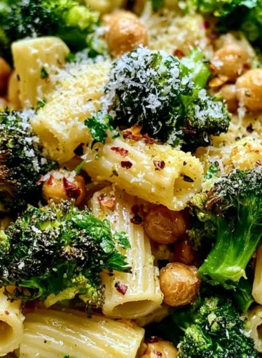 Delicious Broccoli Chickpea Pasta drizzled with Garlic Olive Oil