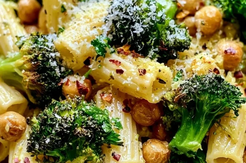 Delicious Broccoli Chickpea Pasta drizzled with Garlic Olive Oil
