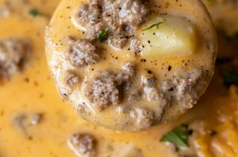 Bowl of cheesy beef and potato soup garnished with herbs
