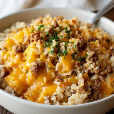Cheesy Ground Beef and Rice Casserole in a baking dish topped with melted cheese