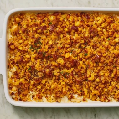 A delicious Chicken and Stuffing Casserole, baked and ready to serve.
