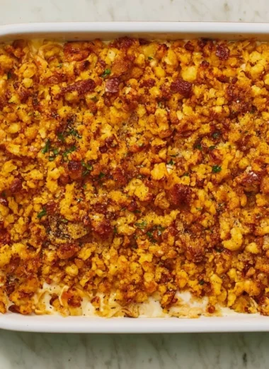 A delicious Chicken and Stuffing Casserole, baked and ready to serve.