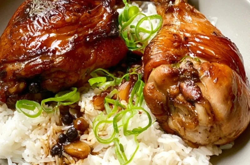 Cozy chicken adobo served in a bowl with rice and herbs