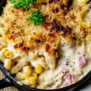 Cozy Chicken Cordon Bleu Casserole with chicken, ham, and cheese baked to perfection