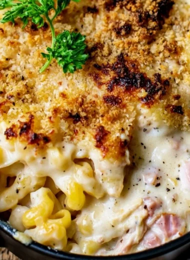 Cozy Chicken Cordon Bleu Casserole with chicken, ham, and cheese baked to perfection