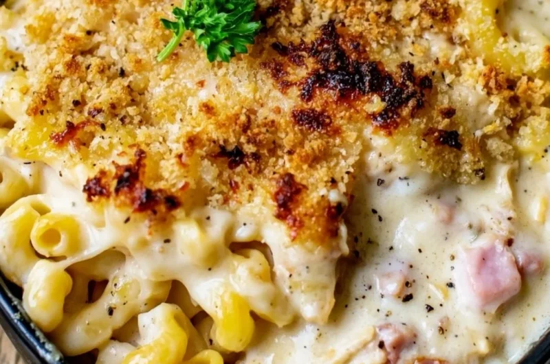 Cozy Chicken Cordon Bleu Casserole with chicken, ham, and cheese baked to perfection