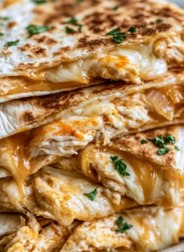 Delicious cozy chicken quesadillas served with fresh toppings