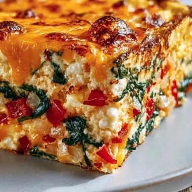 Cozy cottage cheese egg bake served in a warm dish topped with herbs.