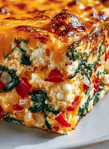 Cozy cottage cheese egg bake served in a warm dish topped with herbs.