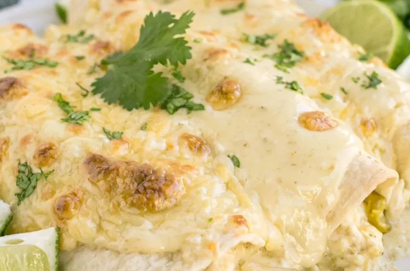 Cozy creamy white chicken enchiladas topped with cheese and fresh cilantro