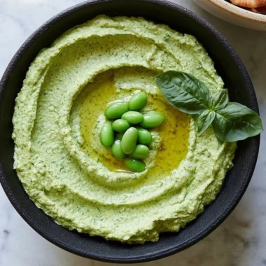 Bowl of cozy edamame hummus with fresh veggies for dipping