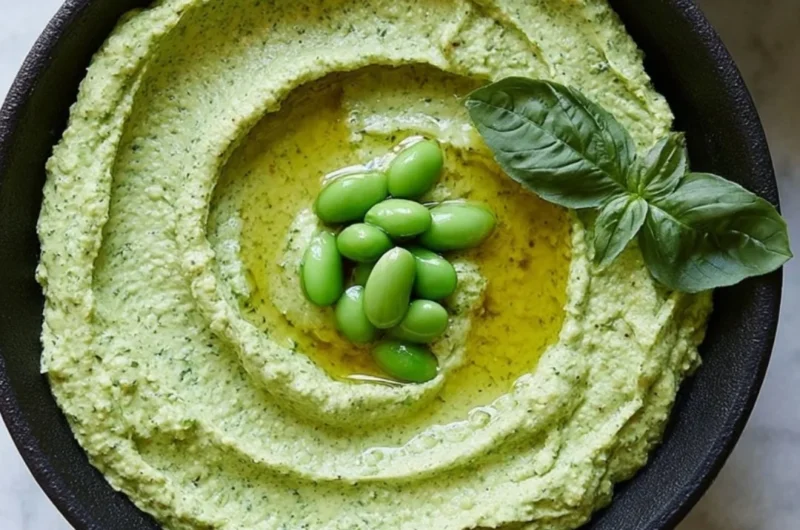 Bowl of cozy edamame hummus with fresh veggies for dipping