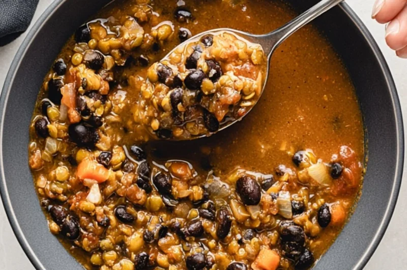 Cozy bowl of protein-packed black bean lentil soup topped with fresh herbs