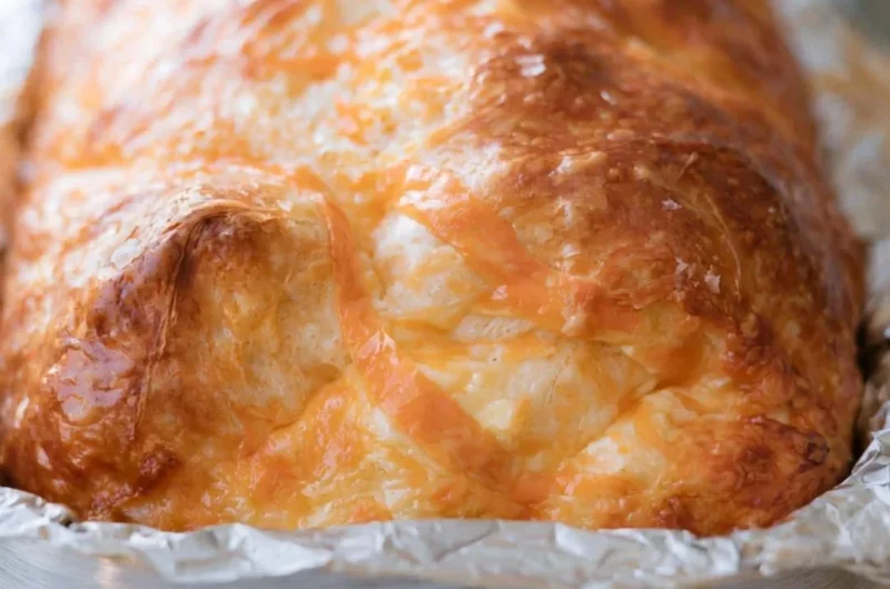 Warm and cheesy sourdough cheese bread loaf on a rustic wooden table
