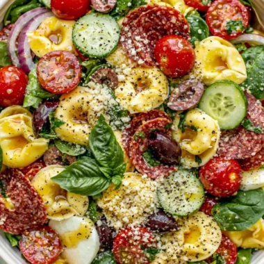 Cozy Tortellini Pasta Salad with fresh vegetables and a creamy dressing
