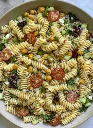 Cozy Vegan Greek Pasta Salad with fresh vegetables and herbs